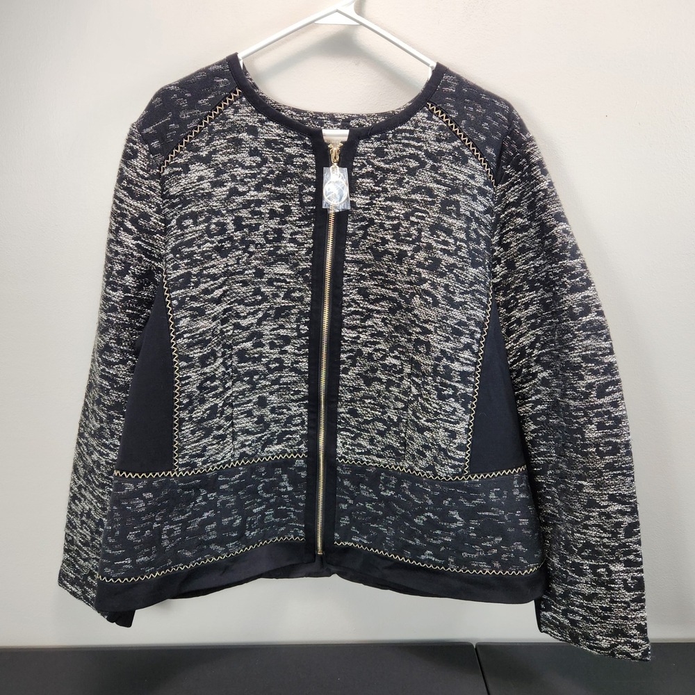 Chicos Pieced Jacquard Jacket Black White Metallic Gold Zip Size 3 XL 570217490